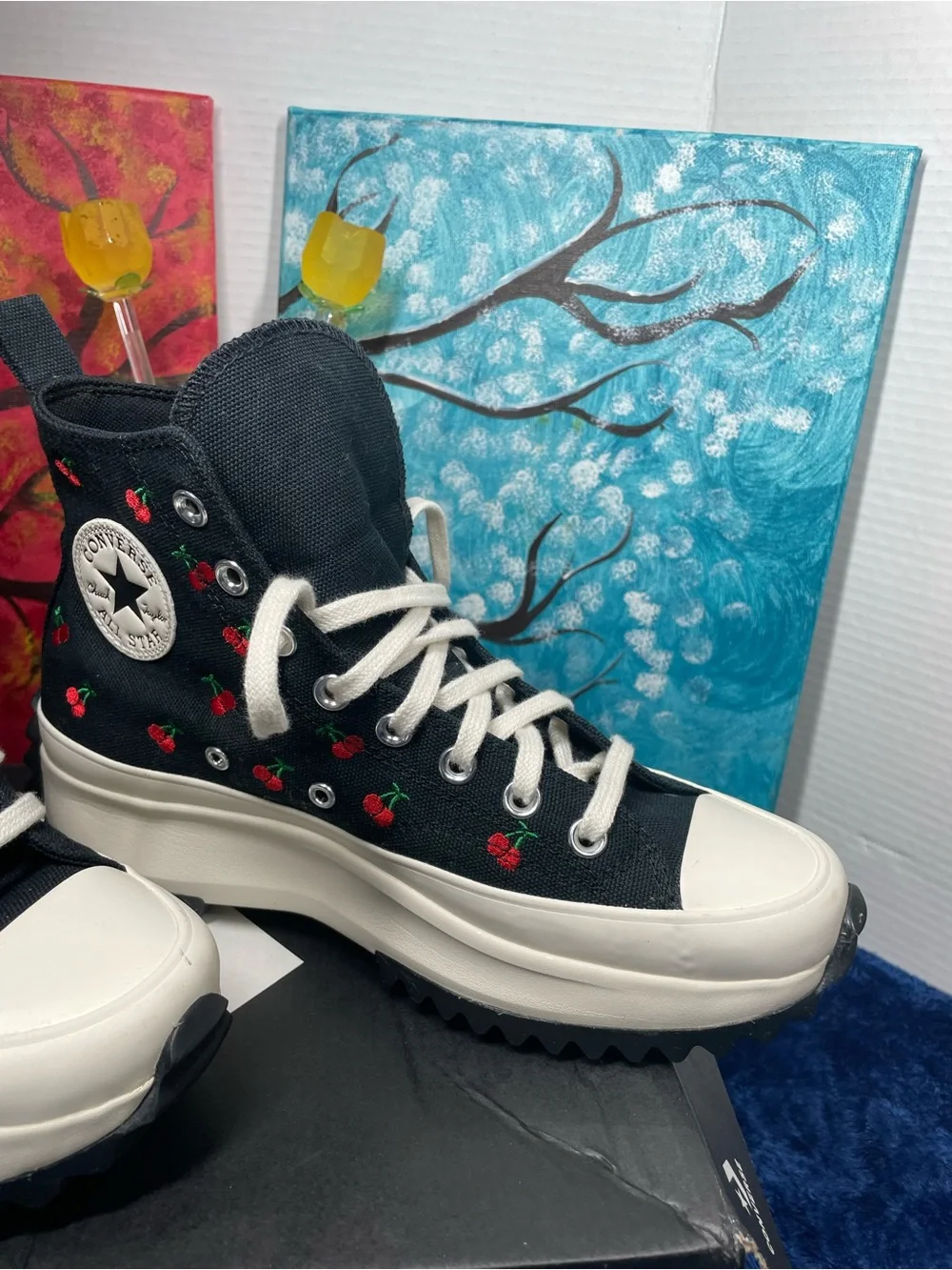 Converse women’s Black High-Top Sneakers size 8.5 with Red Cherry Embroidery.